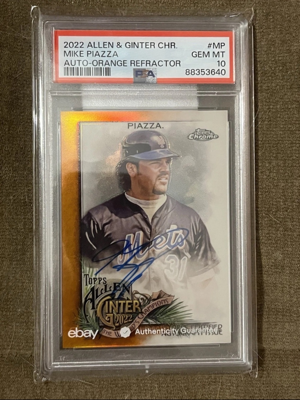 2022 Allen&Ginter Mike Piazza Auto Orange Refractor Sports Card 1/25 Mets PSA 10